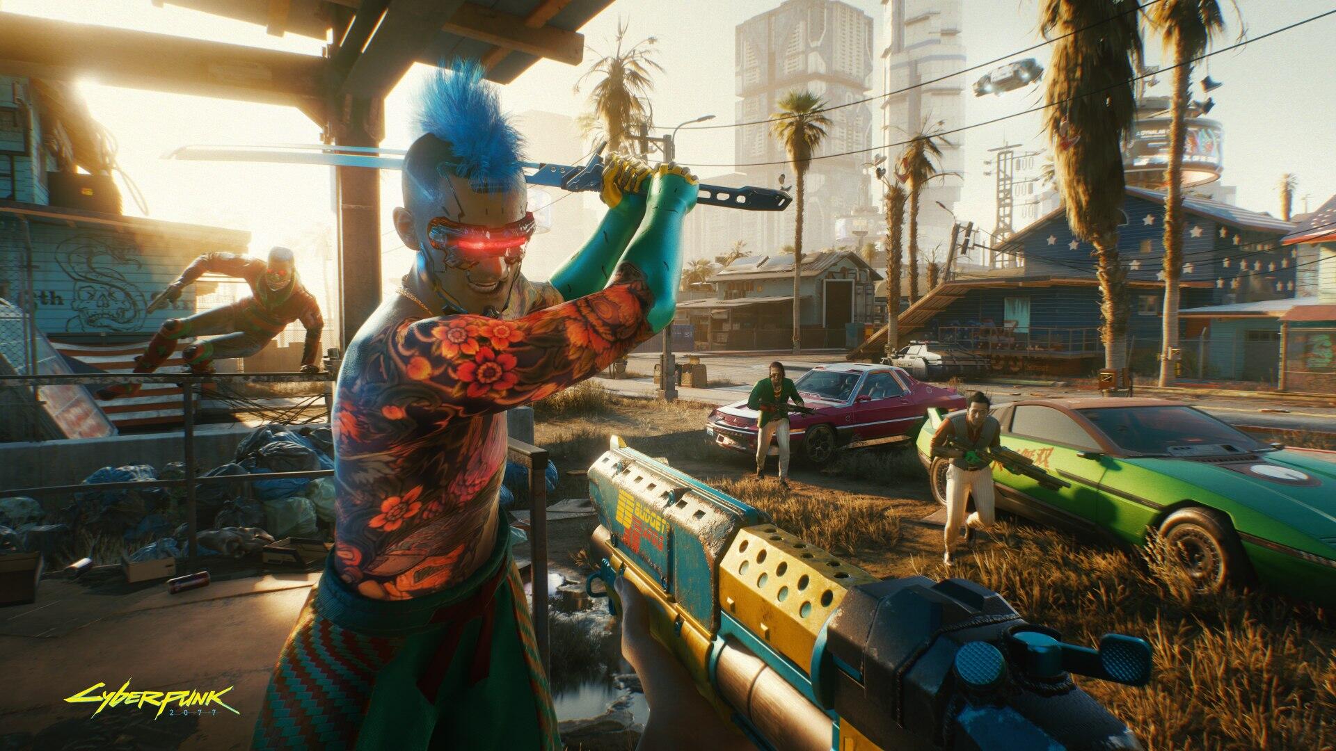 Cyberpunk 2077 street fight with a handgun and a katana