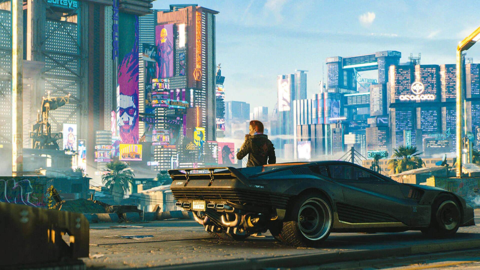 Cyberpunk 2077 promo art of a Night City street under the billboards